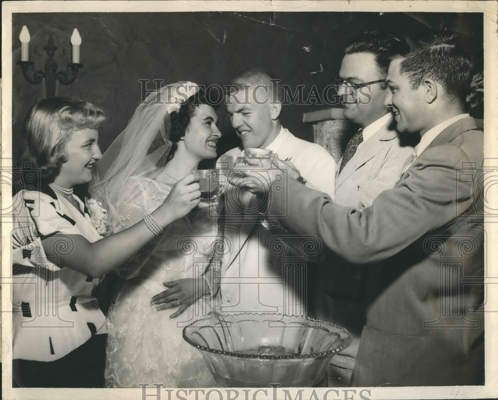 1953 Press Photo Wedding Bride Groom Punch Toast Guest Brocker-Carson Gloria Kit- Historic Images