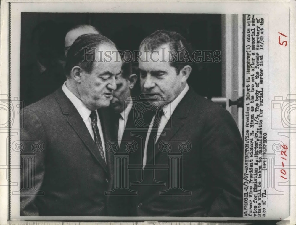 1967 Press Photo Vice President Hubert Humphrey speaks with Richard Nixon.- Historic Images