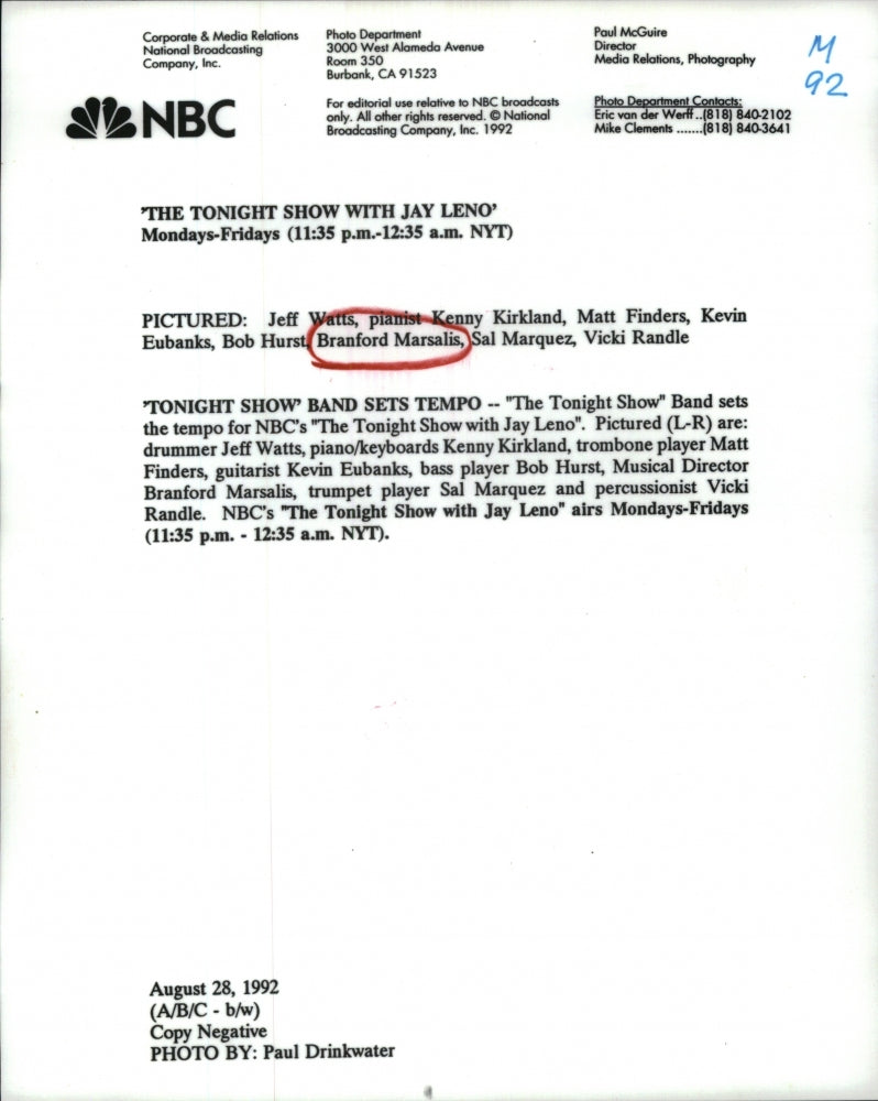 1992 Press Photo Bradford Marsalis and the "Tonight Show Band" - RSH41533