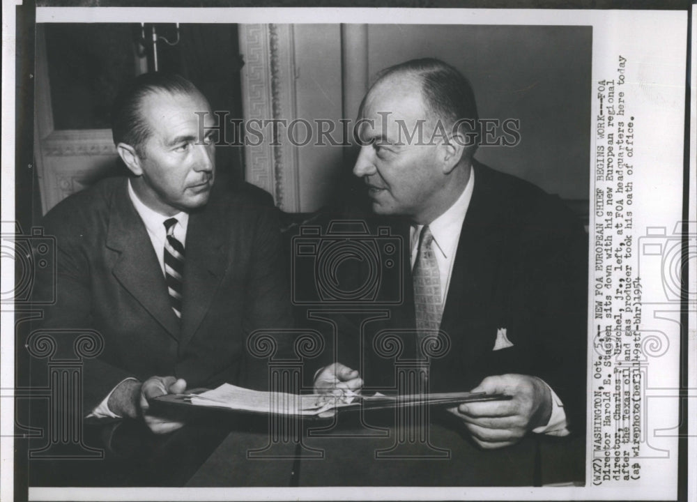 1954 Press Photo FOA Director Harold E. Stassen with Charles F. Urschel
