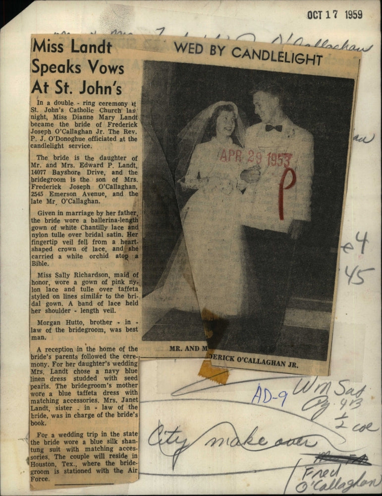 1953 Press Photo Dianne Mary Landt & Frederick Joseph Callaghan Jr. Wedding