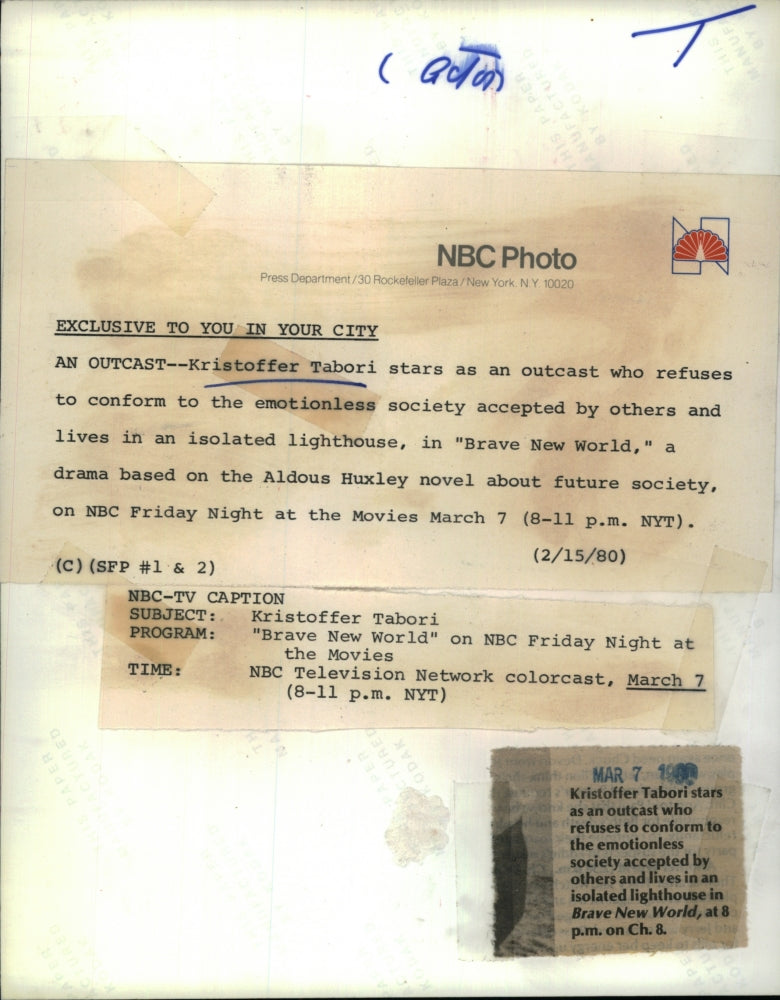 1980 Press Photo Kristoffer Tabori in the NBC TV movie Brave New World