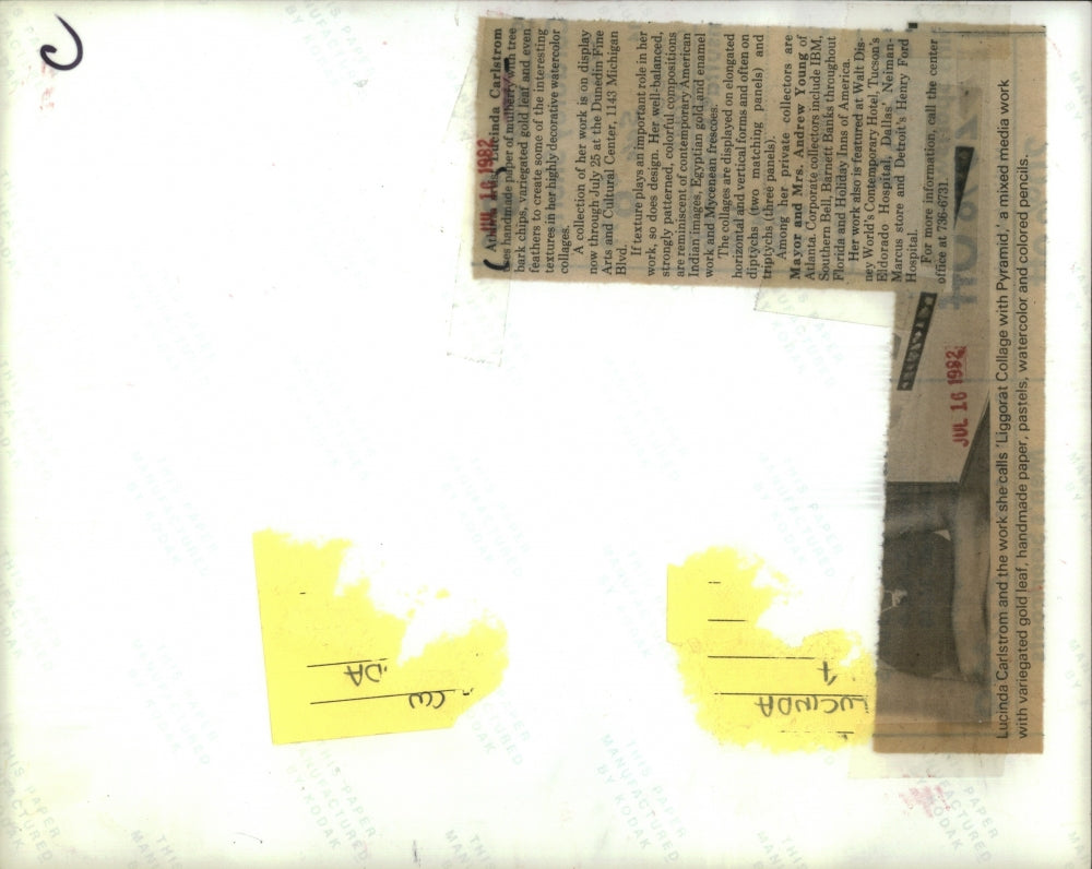 1982 Press Photo Lucinda Carlstrom w/ her work "Liggorat Collage w/ Pyramid"