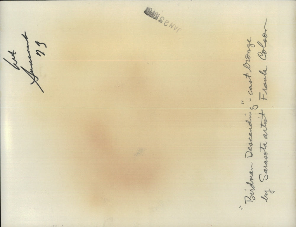 1978 Press Photo "Birdman Descending" Cast Bronze Sculpture by Frank Colson