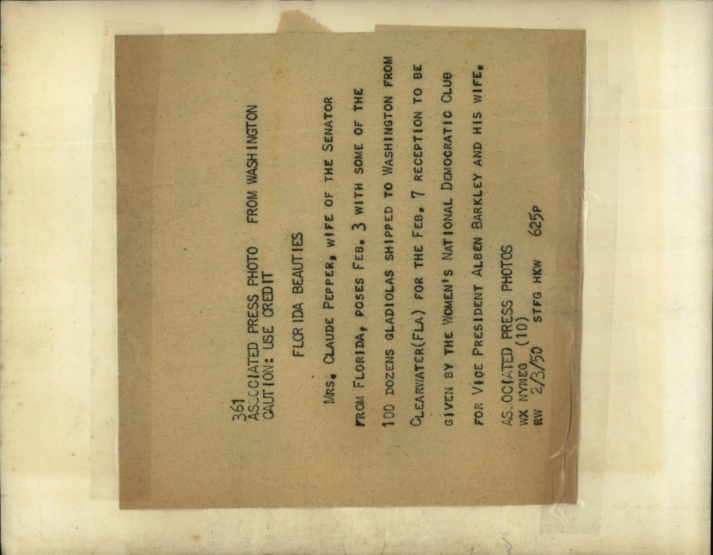 1950 Press Photo Mrs Claude Pepper and a bunch of gladiolas - RSJ13939