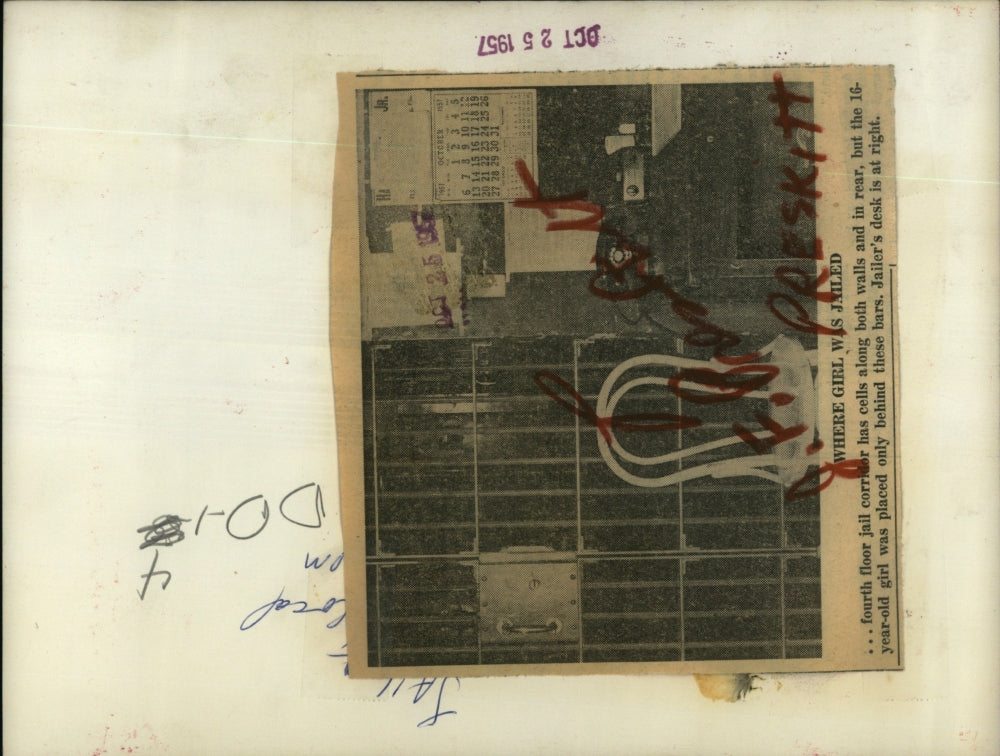 1957 Press Photo 16-year-old girl placed behind this bars - RSJ14423