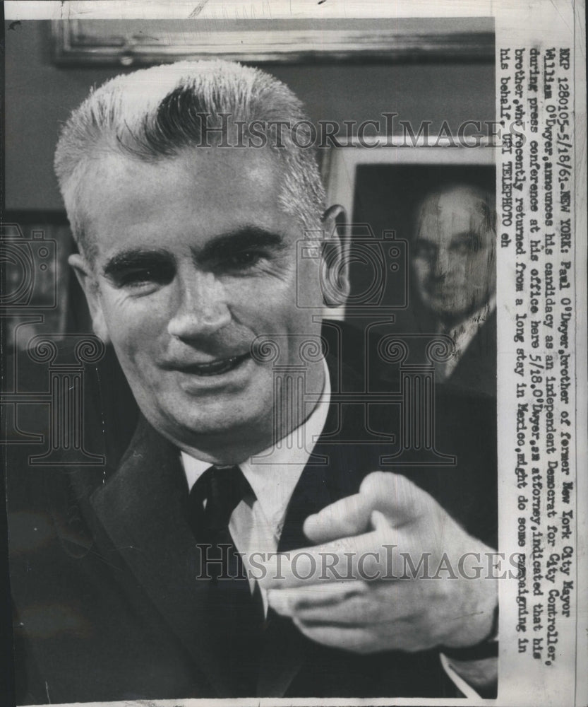 1961 Press Photo Paul O&#39;Dwyer, brother of former New York Mayor.- Historic Images