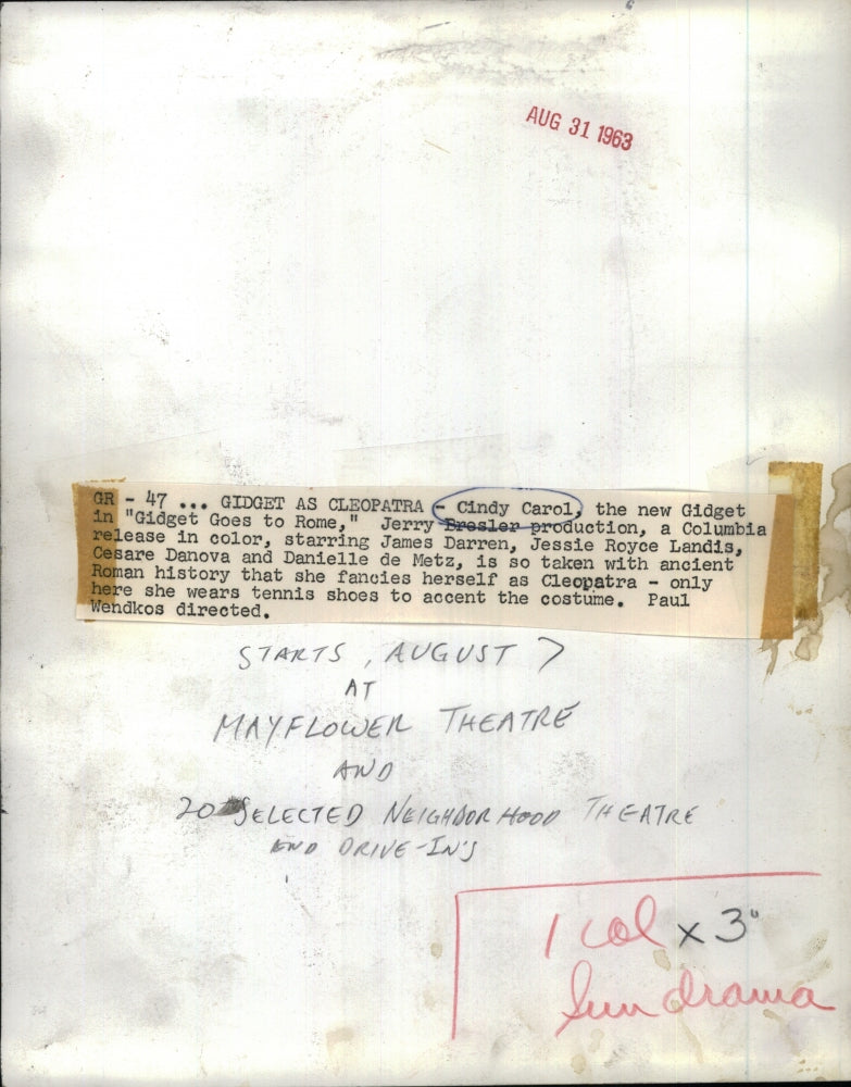 1963 Press Photo Cindy Carol in "Gidgett Goes to Rome"