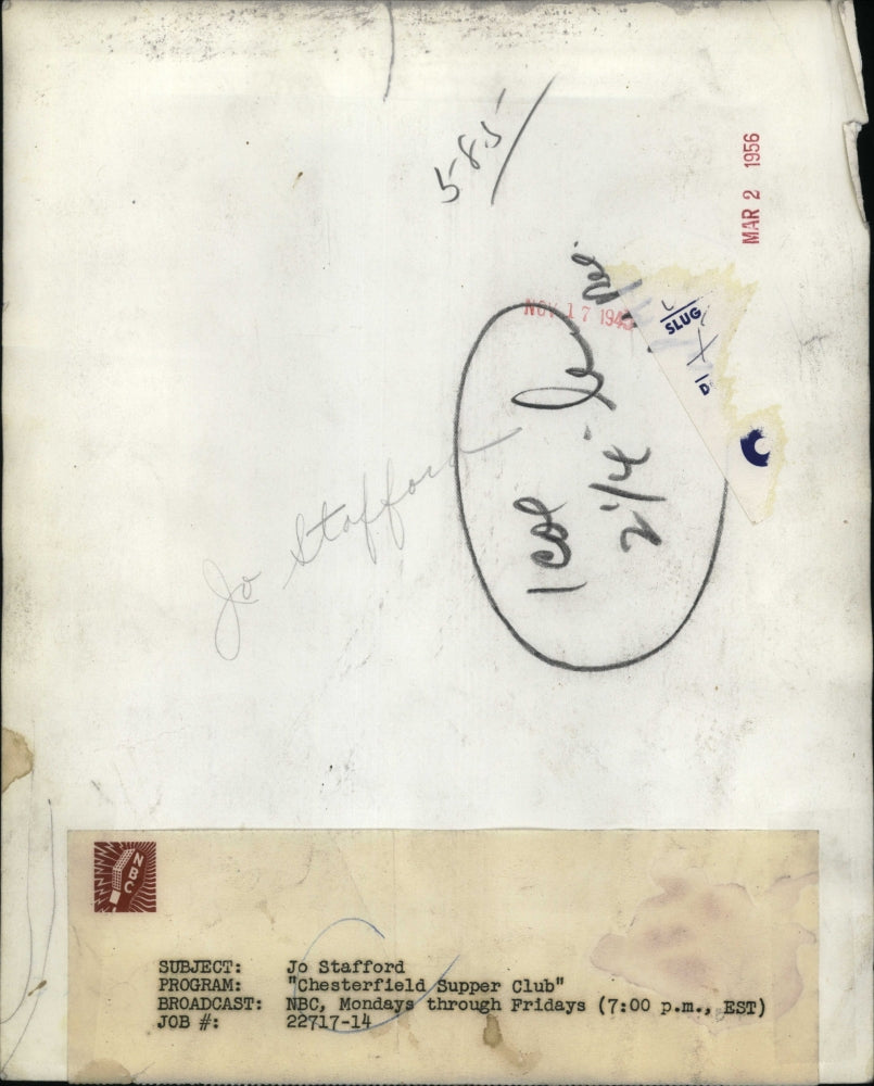 1956 Press Photo Jo Stafford in "Chesterfield Supper Club"