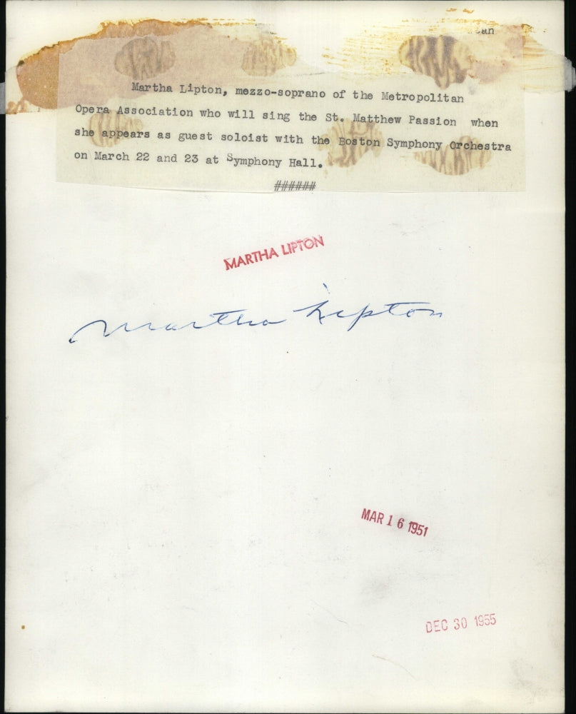 1951 Press Photo Metropolitan Opera Mezzo-Soprano Martha Lipton