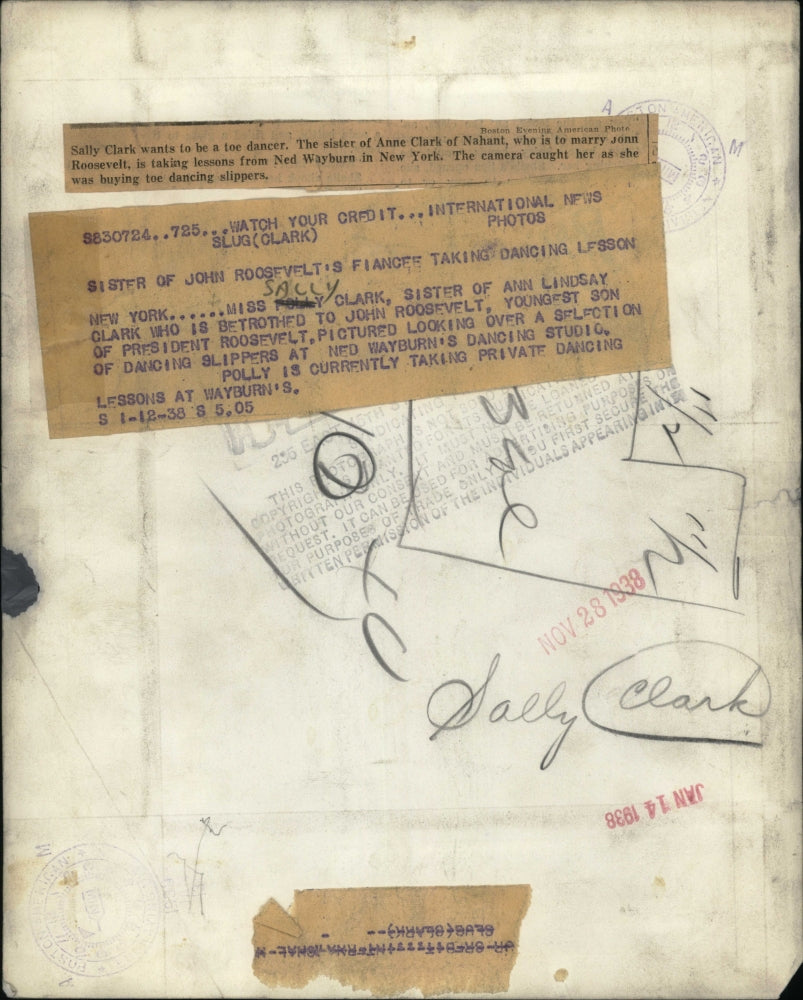 1938 Press Photo Sally Clark Looks At Dancing Slippers