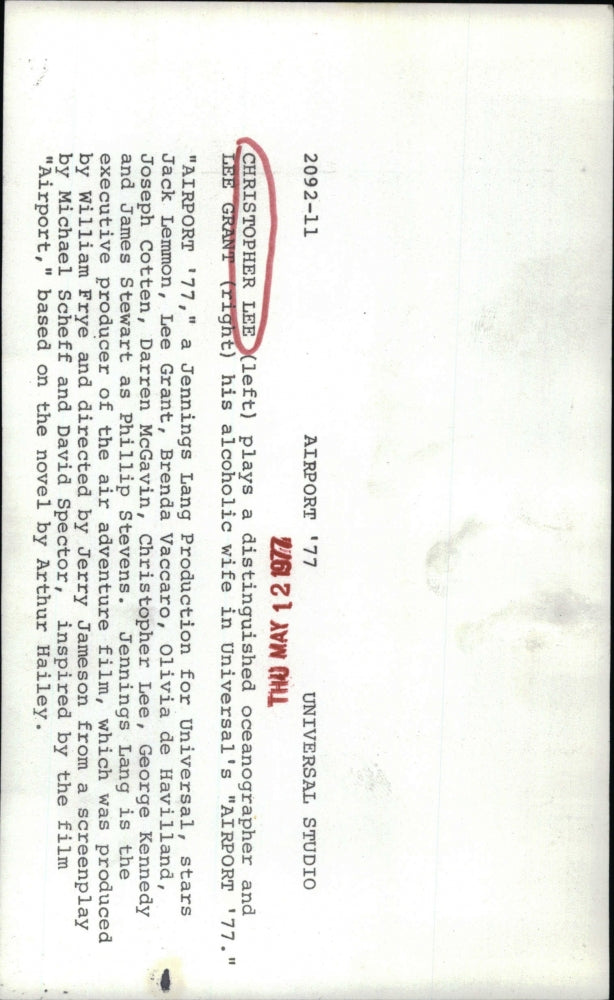 1977 Press Photo Christopher Lee in "Airport 77 "