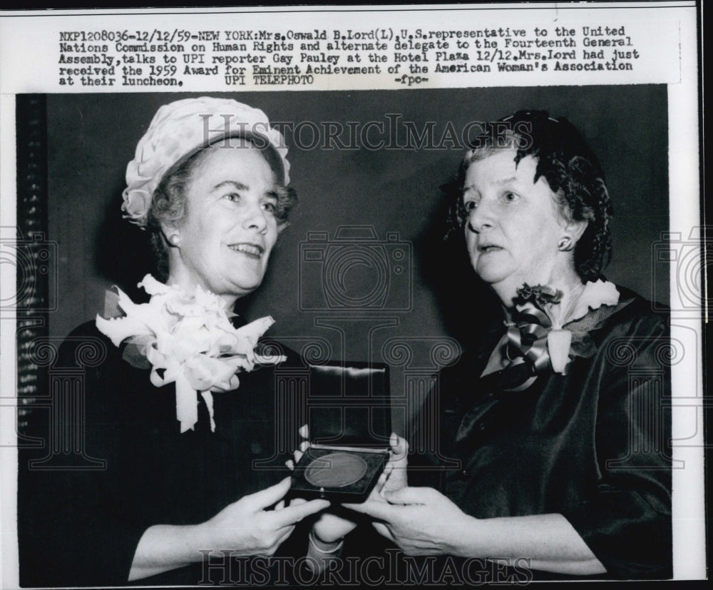 1959 Press Photo UN Comm. members Mrs OB Lord &amp; reporter Gay Pauley- Historic Images