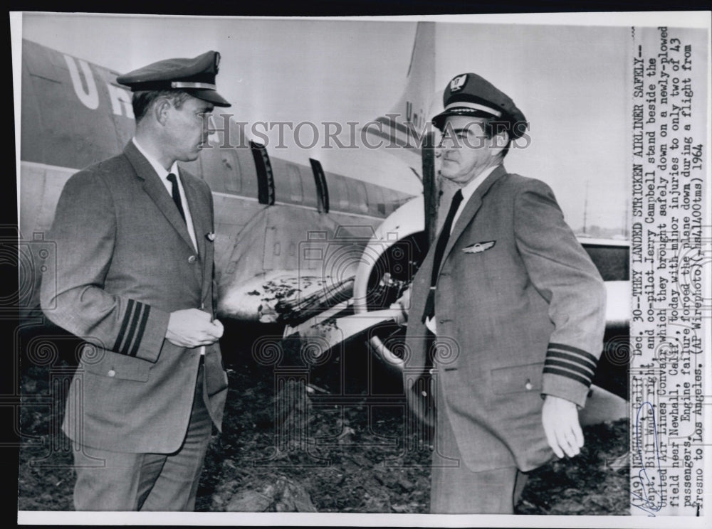 1964 Press Photo Capt Bill Wade &amp; Co-Pilot Jerry Campbell Crash Land Aircraft- Historic Images