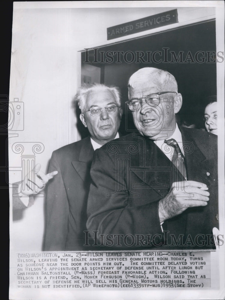 1953 Press Photo Charles E. Wilson leaving Senate Armed Services Committee - Historic Images