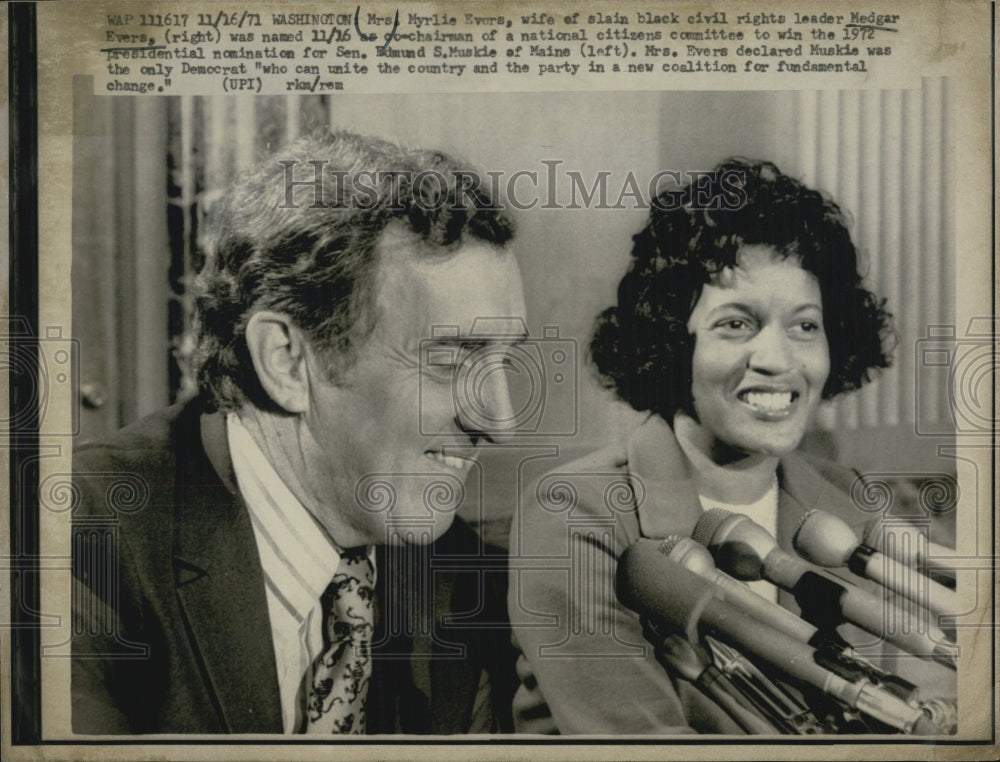 1971 Press Photo Myrlie Evors, Co-Chairman to Elect Sen. Edmund Muskie- Historic Images