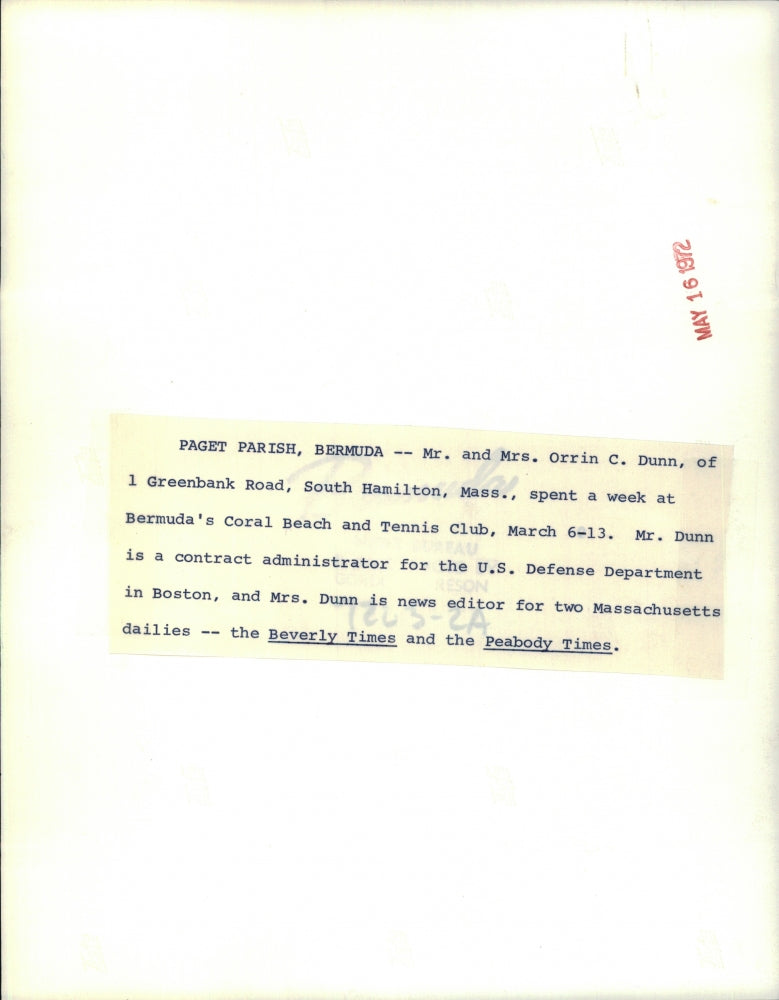 1972 Press Photo Mr. & Mrs. Orrin Dunn at Bermuda's Coral Beach & Tennis Club