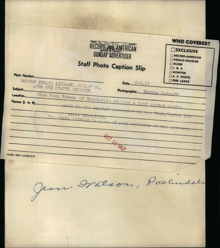 1957 Press Photo Miss Jean Watson at Boston Library Arts & Crafts Exhibit