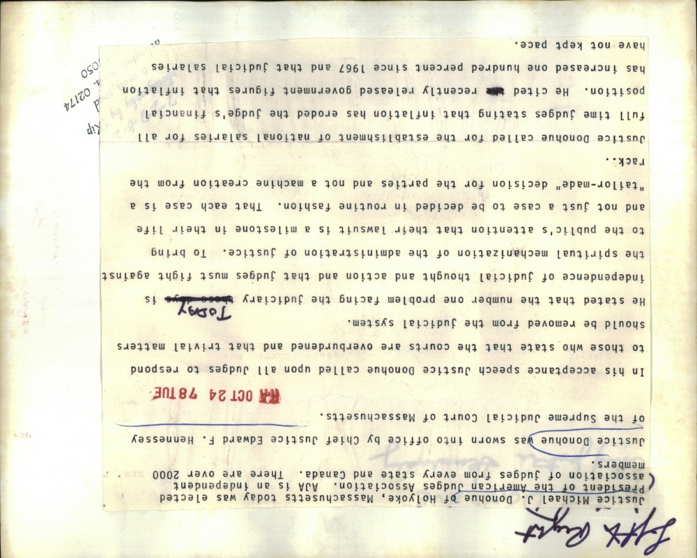 1978 Press Photo Justice Michael Donohue President American Judges Association