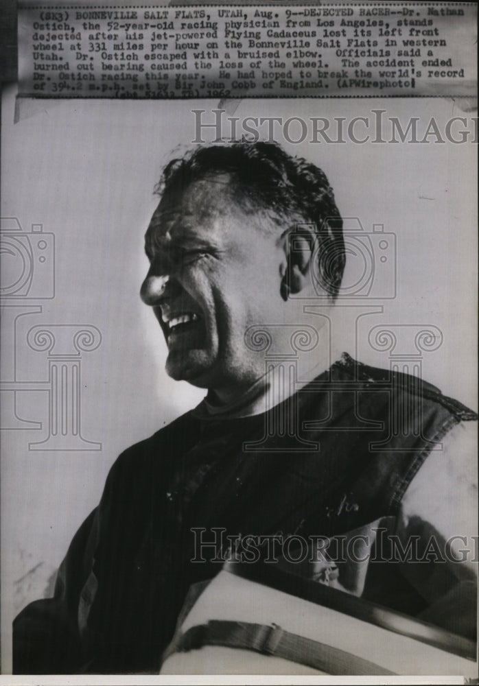 1962 Press Photo Dr Nathan Ostich, lost wheel in race at 331 MPH- Historic Images