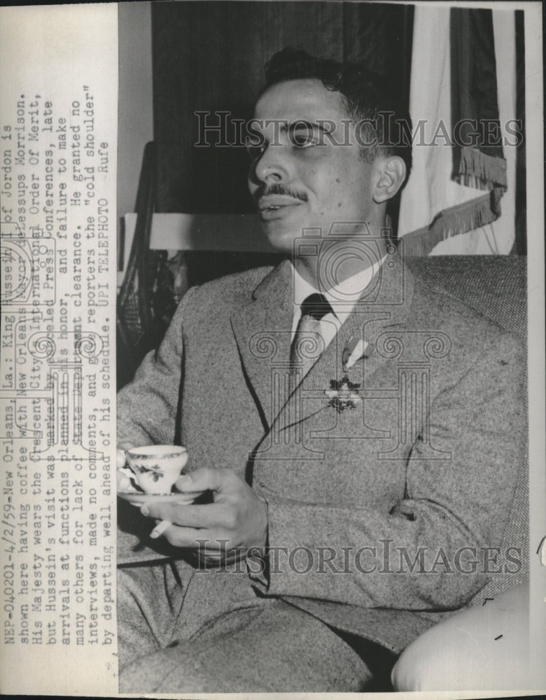 1959 Press Photo King Hussein I Jordon New Orleans Mayor deLessups Morrison