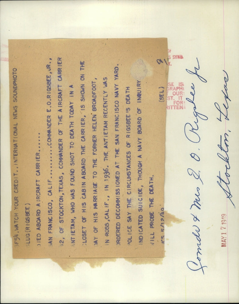 1949 Press Photo Commander Rigsbee commander Aircraft carrier marriage Broadfoot