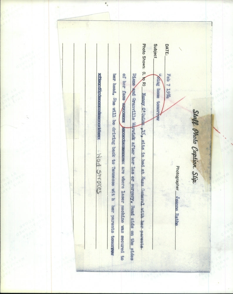 1984 Press Photo Nancy O'Quinn bed Mass General parents Diane Warwick laser