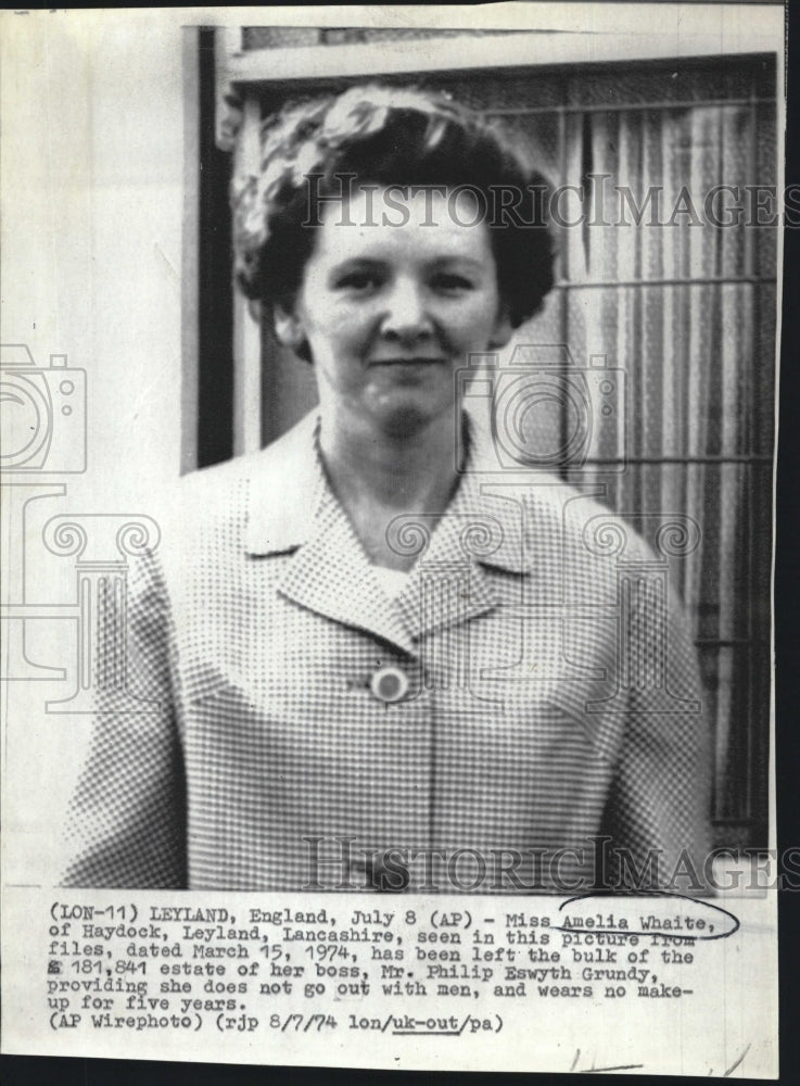 1974 Press Photo Amelia Whaite Lancashire bulk estate boss Grundy avoid men