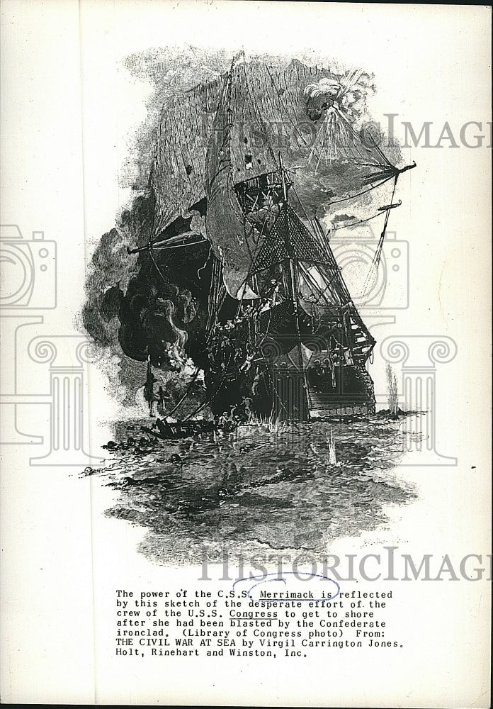 Press Photo Sketch U.S.S. Congress Book The Civil War At Sea By Virgil C. Jones- Historic Images