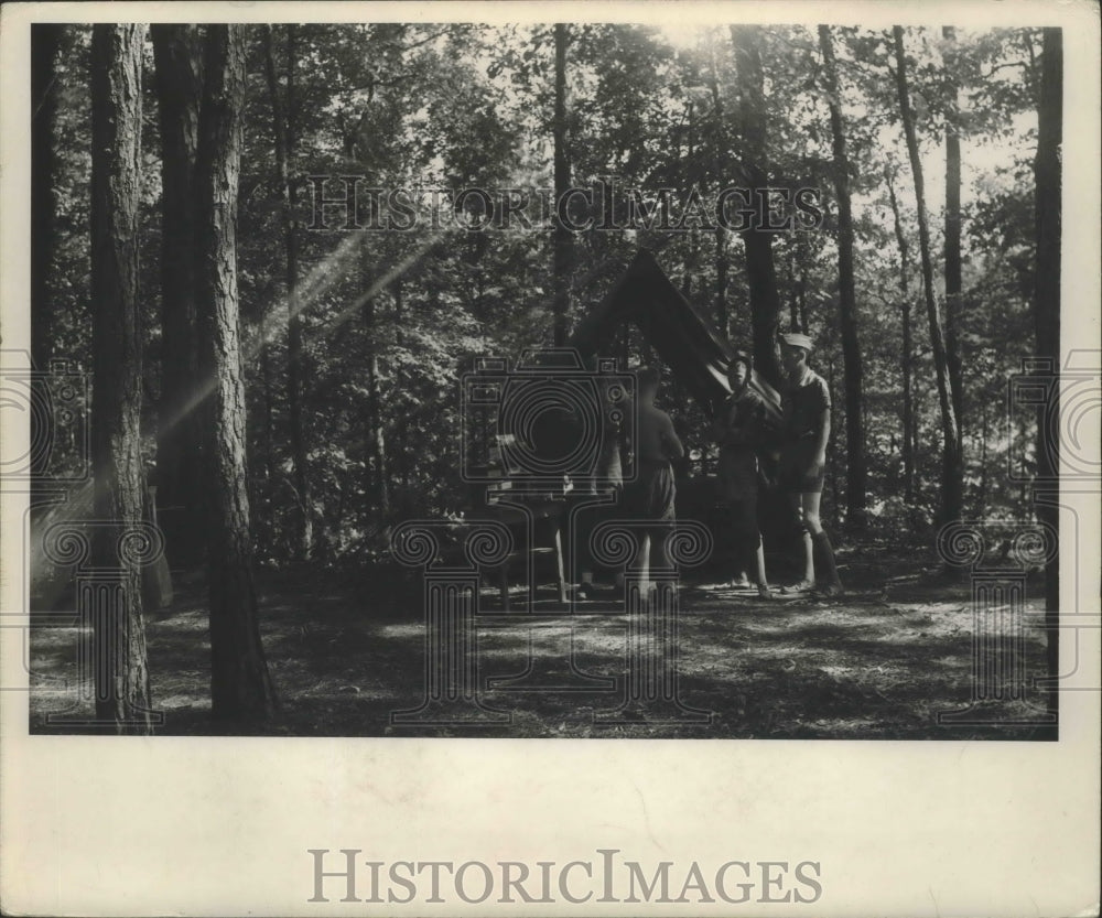 1947 Press Photo Boy Scouts near their tents in the woods. - abna06809 - Historic Images