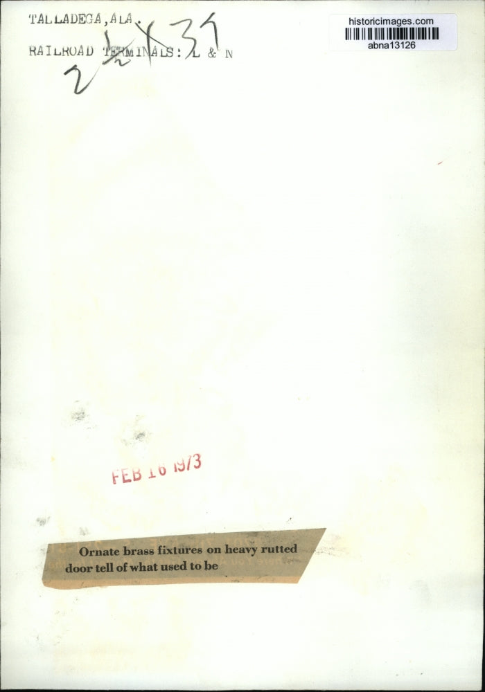 1973 Press Photo Ornate brass fixtures on railroad depot door, Talladega