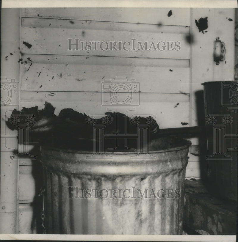 Load image into Gallery viewer, 1955 Press Photo Papers and a mop placed in this garbage can, Arson Evidence
