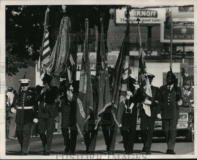 Load image into Gallery viewer, Press Photo Veterans Day Parade Color Guard with Flags - abna17222
