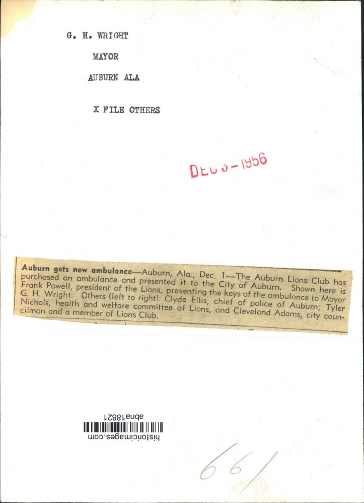 1956 Press Photo Auburn Lions Club - Frank Powell Gifts Ambulance to G.H. Wright