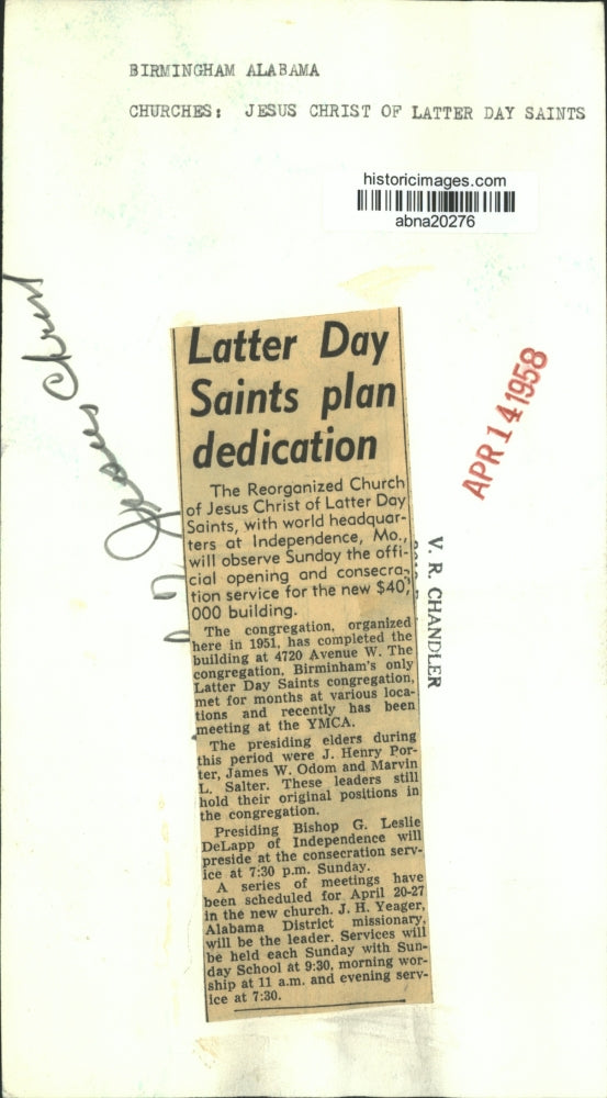 1958 Press Photo Jesus Christ Church of Latter Day Saints, Birmingham, Alabama