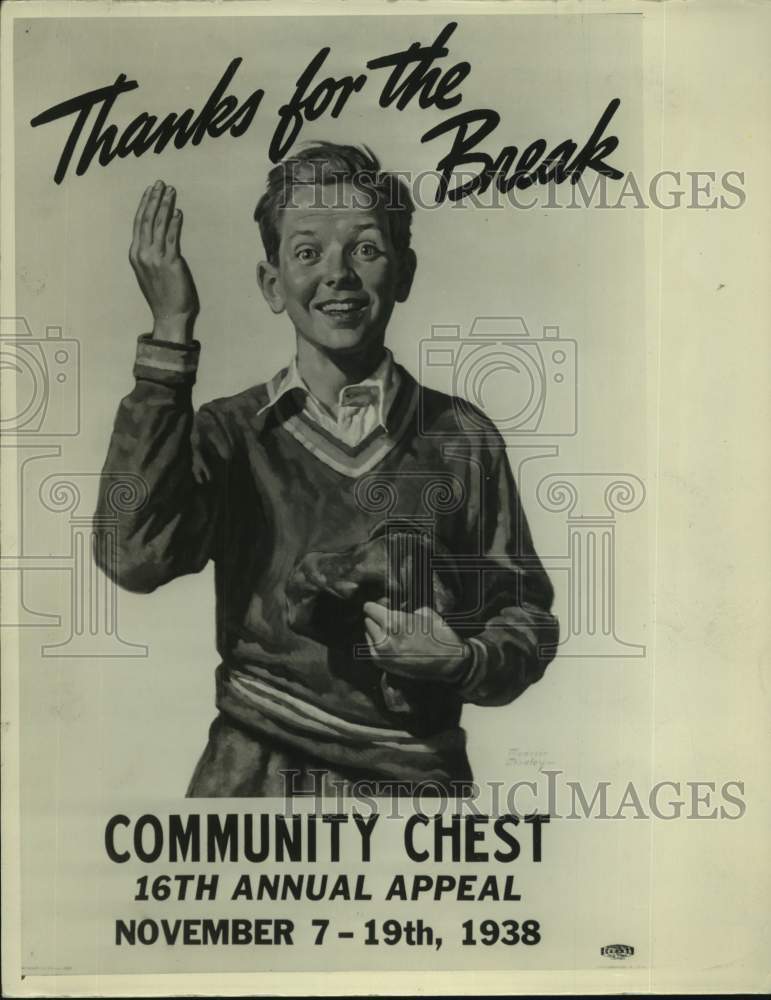 1938 Press Photo Community Chest poster, child saying &quot;Thanks for the Break&quot;- Historic Images