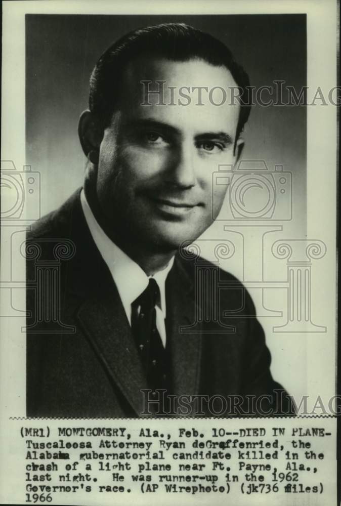 1966 Press Photo Ryan deGraffenried, Alabama Gubernatorial Candidate, Dies- Historic Images