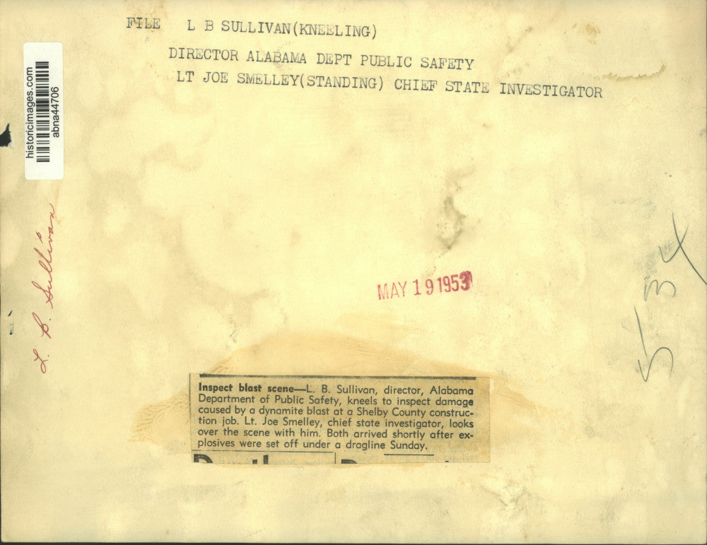 1953 Press Photo L.B. Sullivan & Joe Smelley inspect damage at job site Alabama