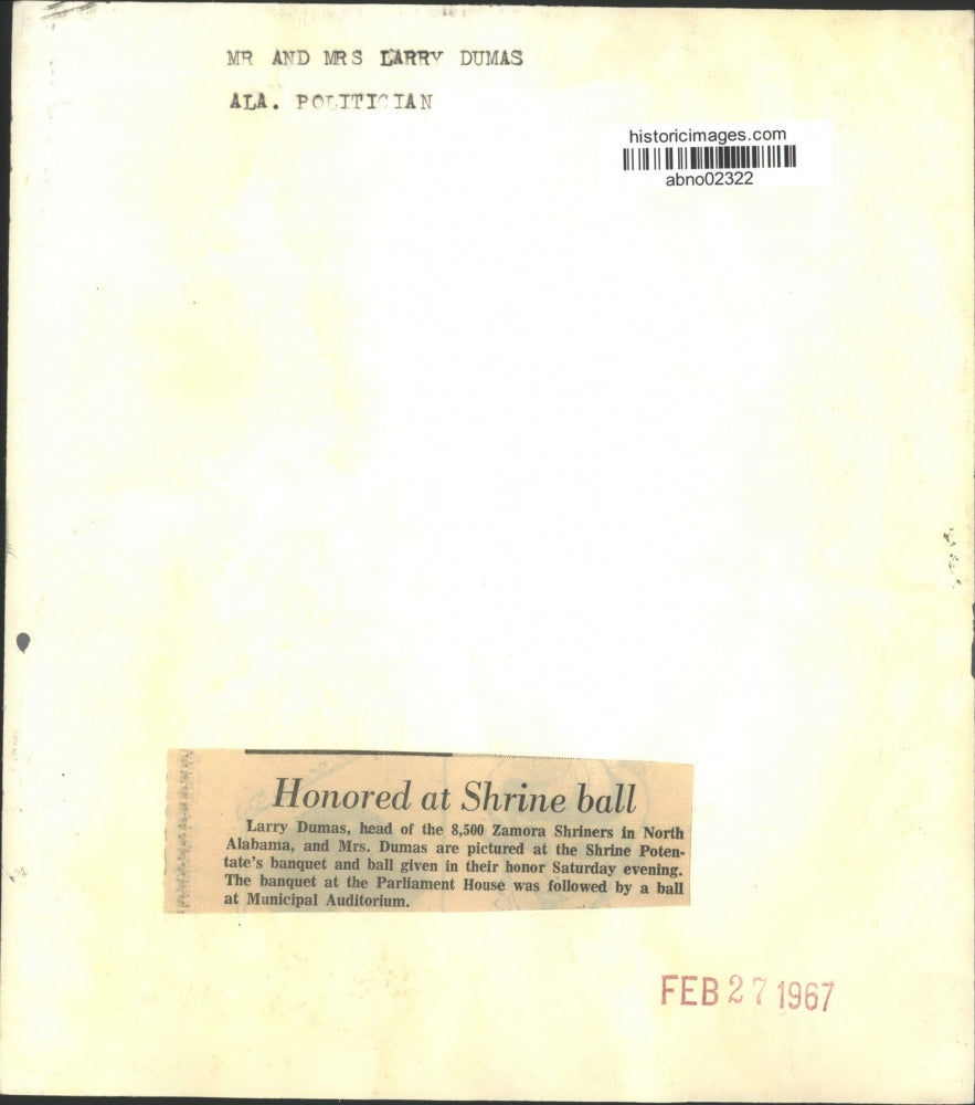 1967 Press Photo Larry Dumas, Head of Zamora Shriners in North Alabama, & Wife