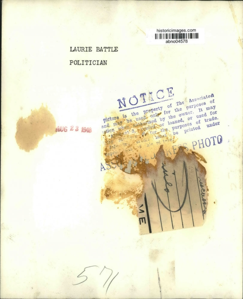 1948 Press Photo Politician Laurie Battle with woman at dinner - abno04578