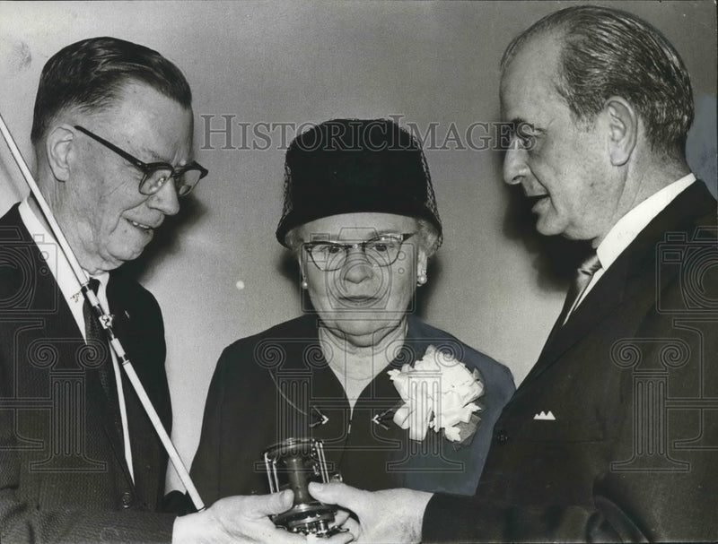 Load image into Gallery viewer, 1965 Press Photo Mr. &amp; Mrs. T.S. Lucius &amp; man, retirement party, Alabama

