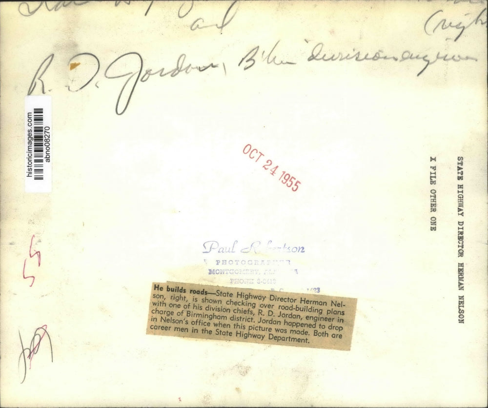 1955 Press Photo Alabama State Highway Director Herman Nelson with R. D. Jordan