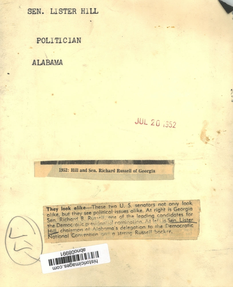 1952 Press Photo Senators Richard B. Russell & Lister Hill, Alabama - abno08991