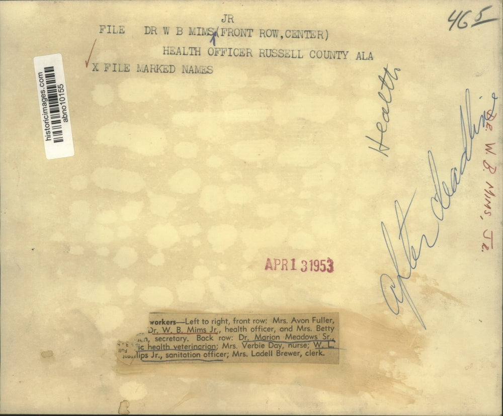 1953 Press Photo Dr. W. B. Mims Jr., Health Officer Russell County, Alabama