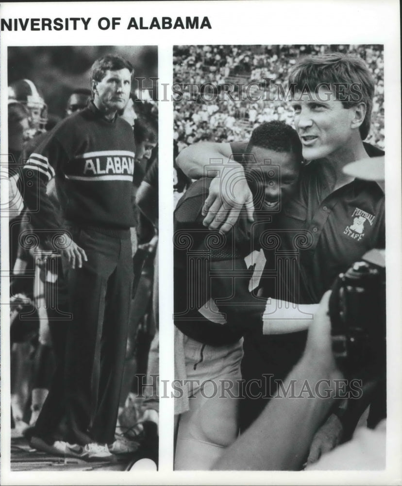 Press Photo Alabama Football Ch Bill Curry On Sidelines And Hugging Player - Historic Images