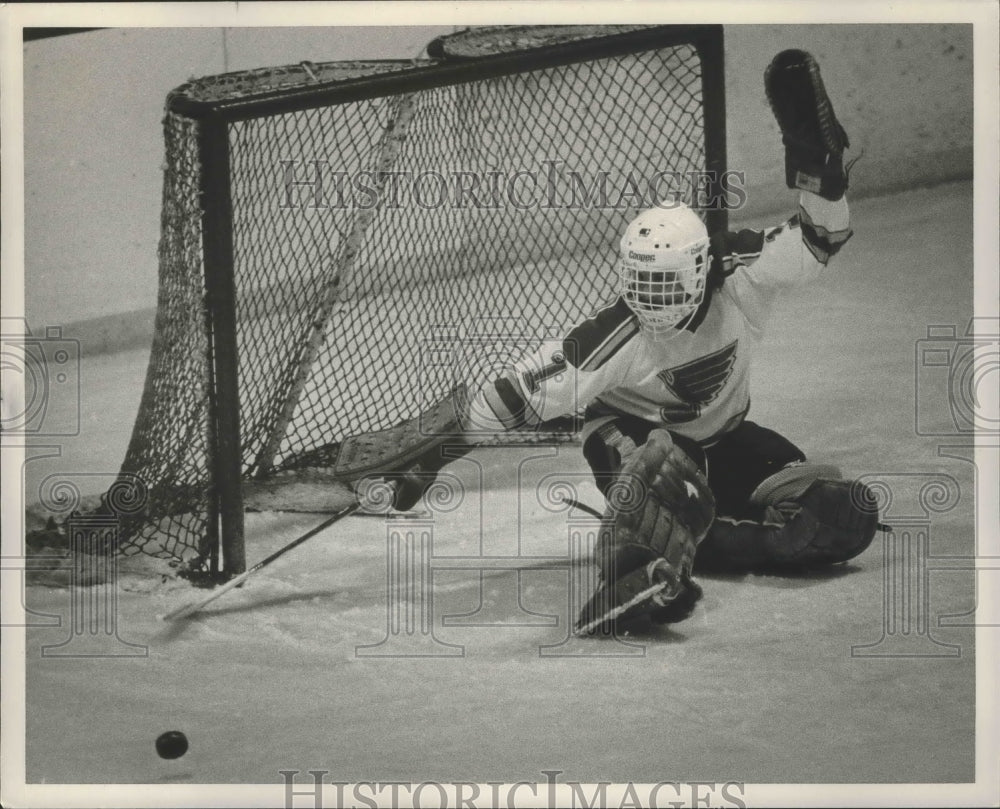 1987 Press Photo Amateur Hockey Player Blocks Puck from Making Goal - abns05695 - Historic Images