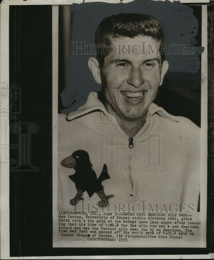 1953 Press Photo Wes Santee sets new American record for mile run, California - Historic Images