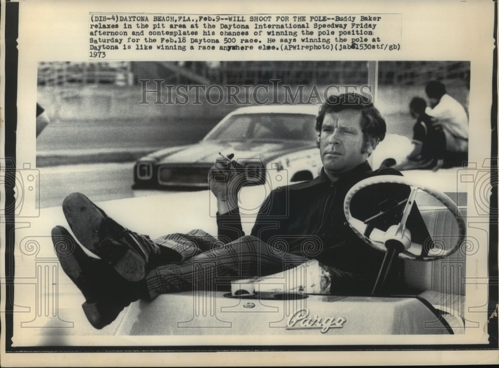 1973 Press Photo Race Car Driver Buddy Baker at Daytona Beach, Florida - Historic Images