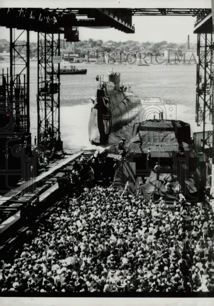 1958 Press Photo People at the launching of the Triton at Groton, Connecticut - Historic Images