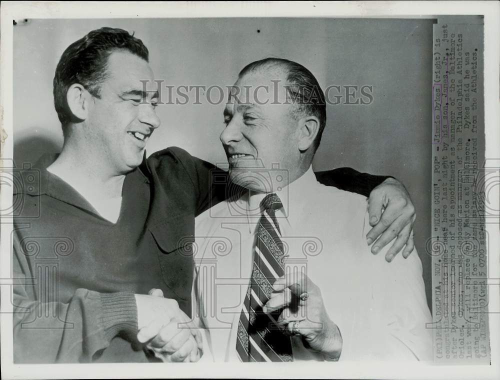 1953 Press Photo Jimmy Dykes congratulates his father as new Orioles Manager, PA - Historic Images